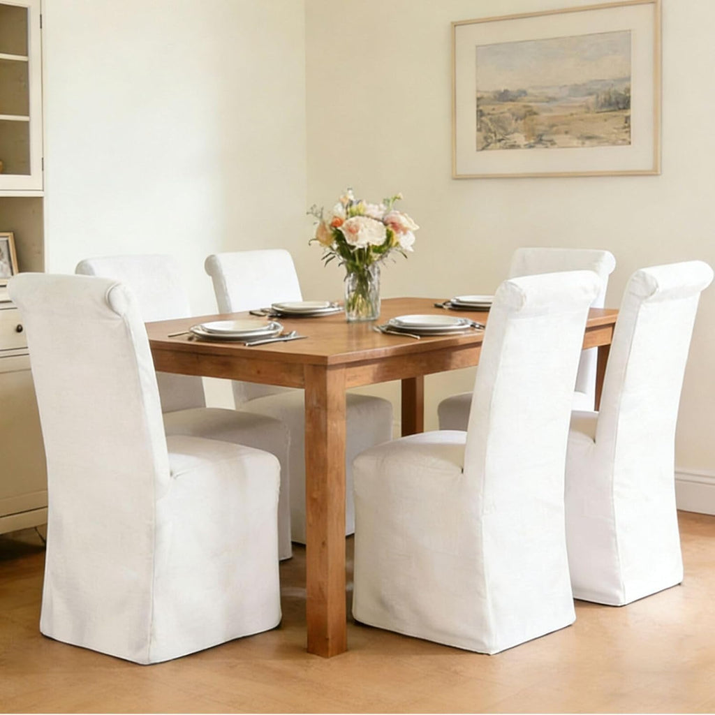 Parsons Dining Chairs Set of 6, Upholstered Slipcovered Dining Room Chairs with Removable Washable Skirt, High Back Kitchen Chairs with Solid Wood Legs, Cream White Linen Fabric