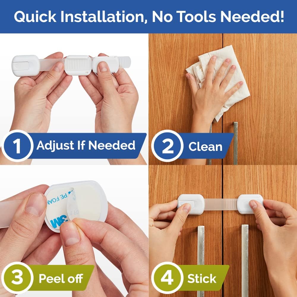 Child Safety Strap Locks (12 Pack) Baby Locks for Cabinets and Drawers, Toilet, Fridge & More. 3M Adhesive Pads. Easy Installation, No Drilling Required, White