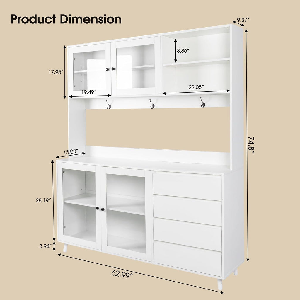 63" Large Kitchen Hutch Cabinet with 4 Doors, 4 Drawers and Microwave Shelf, Farmhouse Pantry Storage Cupboard with Countertop for Kitchen and Dining Room(White)
