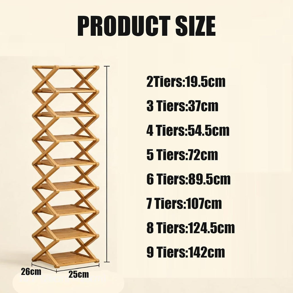 Foldable Shoe Rack, 9-Tier Bamboo Vertical Shoe Organizer, Narrow Space-Saving Shelf, No-Tools Assembly, Expandable Storage for Closet, Entryway, Corner, Bedroom (Brown, 6 Tire)