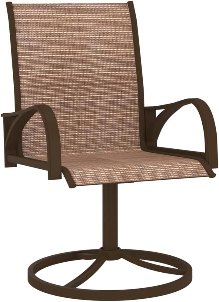 Set of 2 Brown Patio Swivel Chairs with Textilene Sling, Powder-Coated Steel Frame, 360-Degree Swivel Base, Ergonomic Back Support and Curved Arms for Outdoor Garden Lounge