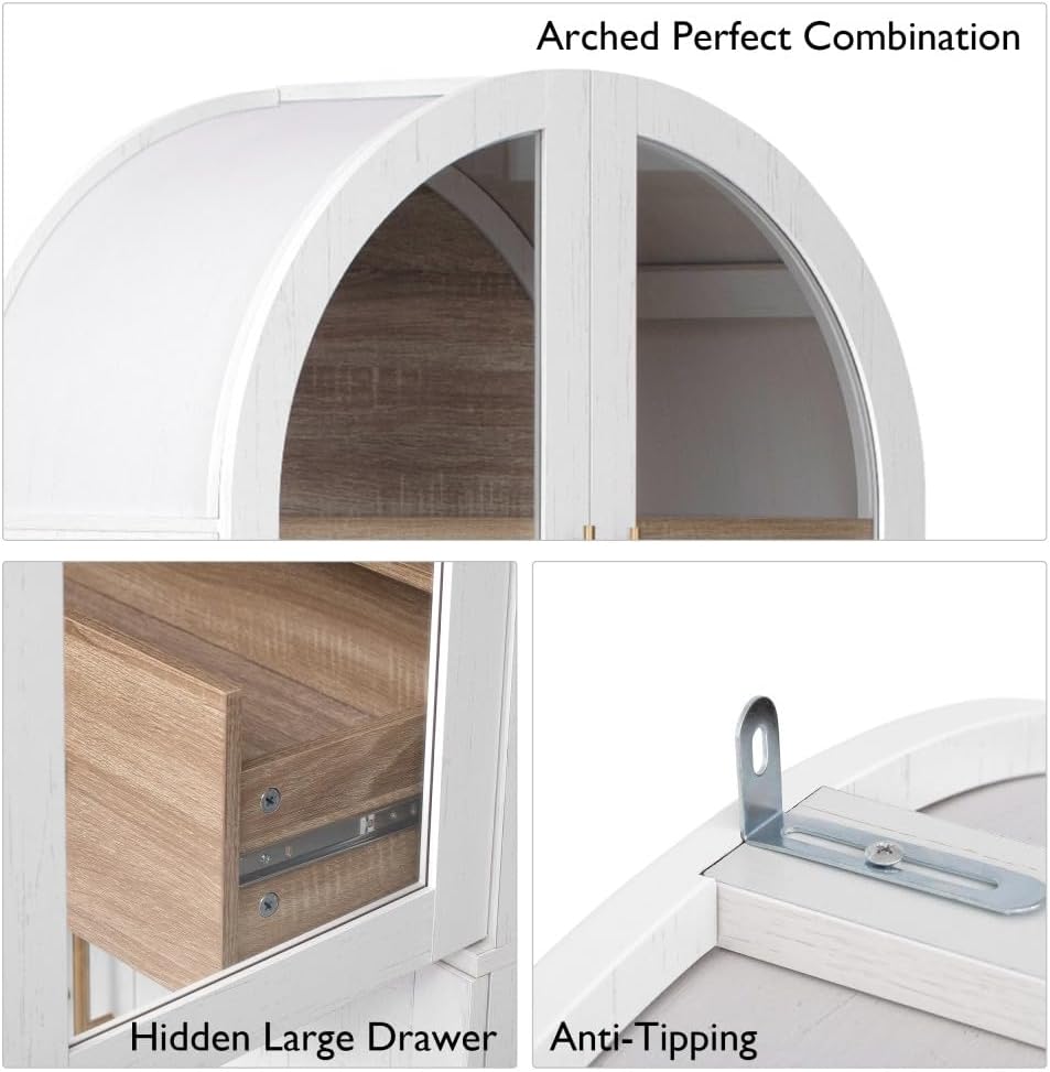 71 Inch Farmhouse Kitchen Pantry Storage Cabinet with Doors, Open Shelf, Hidden Drawer, Adjustable Shelves, Glass Door, Cupboard for Dining Room (Retro White Arched Pantry Cabinet+ MDF)