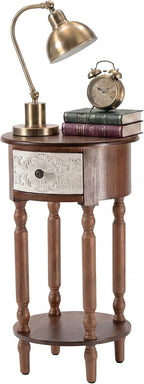 HOMPUS Wood End Table with Drawer, Round End Table with Open Shelf, Vintage Bedside Table with Plumbago Flower Pattern, Tall Wooden Nightstand, Decorative Side Table for Bedroom (Brown, 1 PC)
