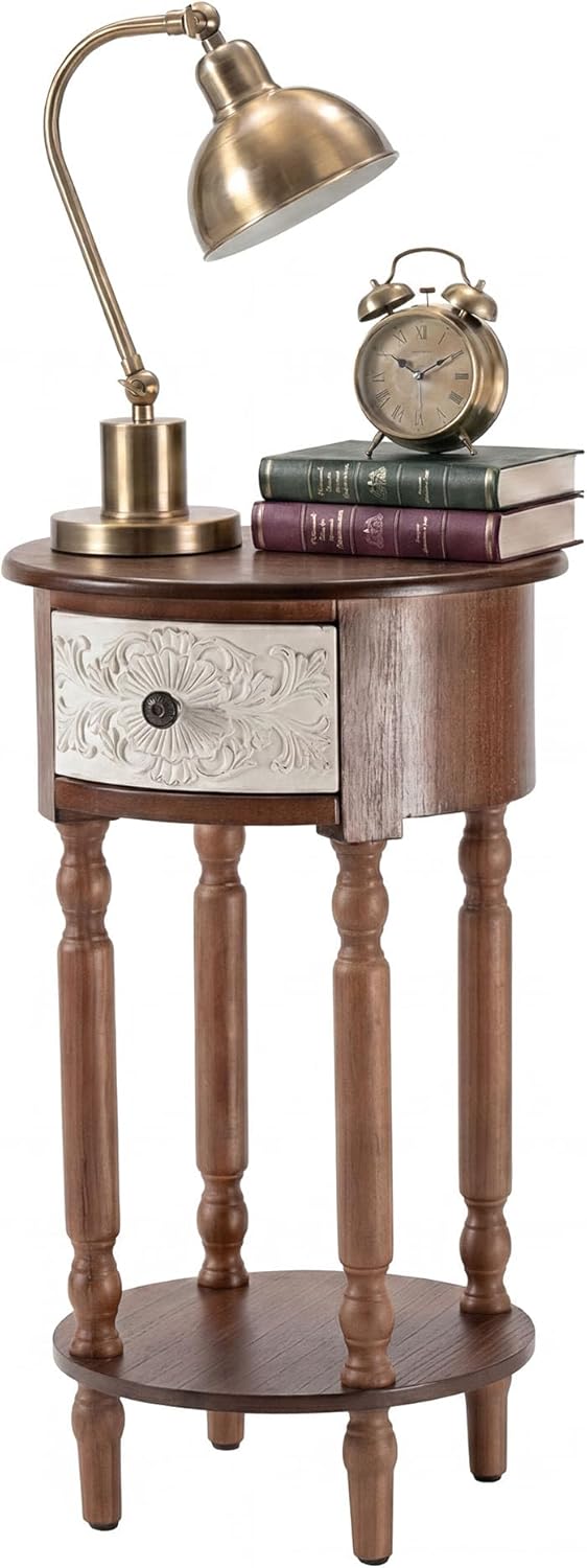HOMPUS Wood End Table with Drawer, Round End Table with Open Shelf, Vintage Bedside Table with Plumbago Flower Pattern, Tall Wooden Nightstand, Decorative Side Table for Bedroom (Brown, 1 PC)