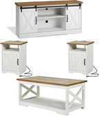 AMERLIFE 4-Piece Farmhouse Table Set Includes Sliding Barn Door TV Stand, Coffee Table& Two End Tables, Side Table with Charging Station and USB Ports for Living Room, Distressed White, 66"