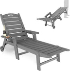 UDPATIO Outdoor Chaise Lounge Chair, HDPE Patio Lounge Chairs for Outside with Wheels & Cup Holder, Reclining Seating with 5 Position for Poolside Deck Garden Indoor,Grey,1PC