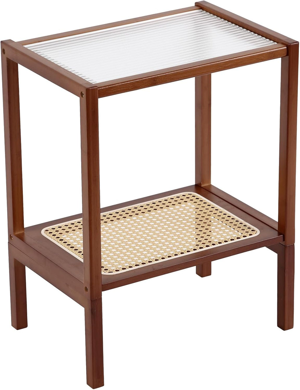 Tiita Rattan Side Table, Mid Century Nightstand, 2-Tier Bamboo Accent Bedside Tables, Glass Coffee Tables, Boho Wooden Narrow End Table with Storage for Small Space, Living Room and Bedroom