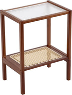 Tiita Rattan Side Table, Mid Century Nightstand, 2-Tier Bamboo Accent Bedside Tables, Glass Coffee Tables, Boho Wooden Narrow End Table with Storage for Small Space, Living Room and Bedroom