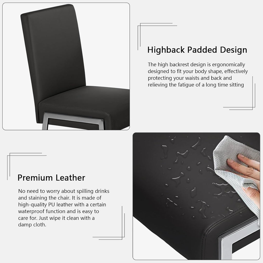 Modern Dining Chair Set of 2, Comfortable Dining Chair with Thick Cushions, Upholstered Leather Kitchen Side Chair with Metal Feet for Home, Kitchen, Living Room, Dining Room and Cafeteria, Black