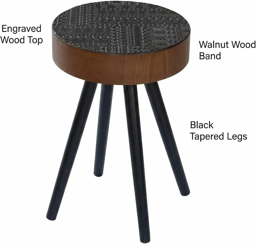 15.7" Round Side Table with Carved Top, Compact Accent Table, Small Drink Tables, Multi-Functional Nightstand, Solid Wood Legs, Countryside Style, Ideal for Living Room, Bedroom, Black and Walnut