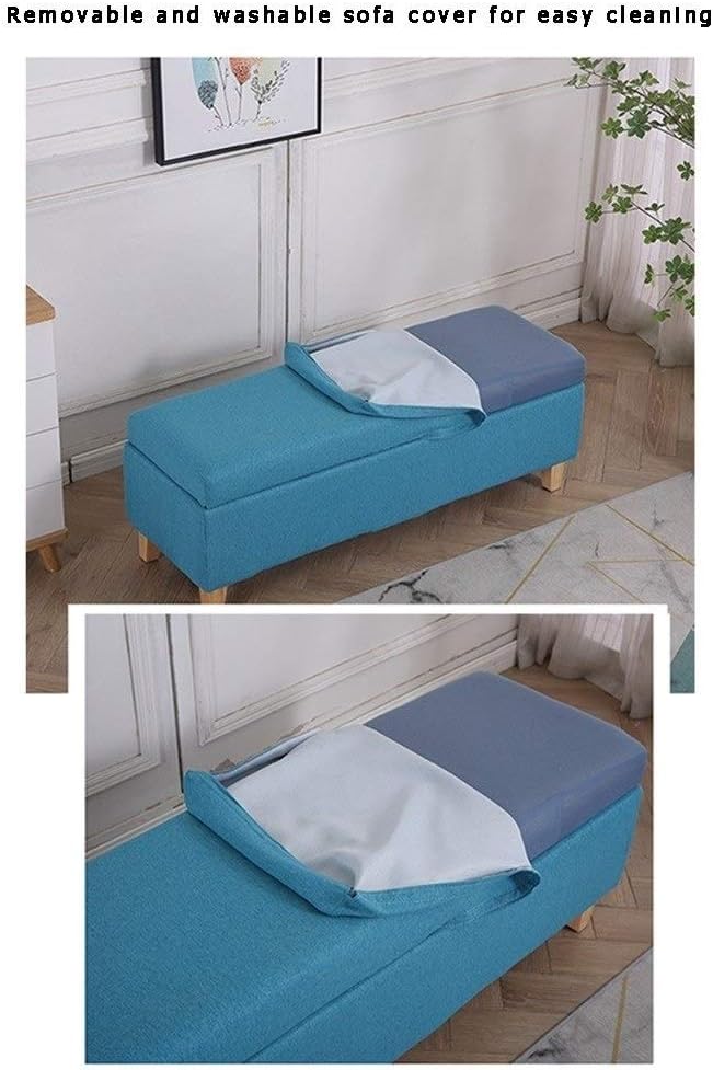Linen Fabric Footstool Storage Upholstered Ottoman Pouffe Stool Change Shoe Footrest Wooden Legs for Living Room Bedroom Light Blue (120 * 40 * 42cm) (Color : Beige, Size : 120 * 40 * 42cm)