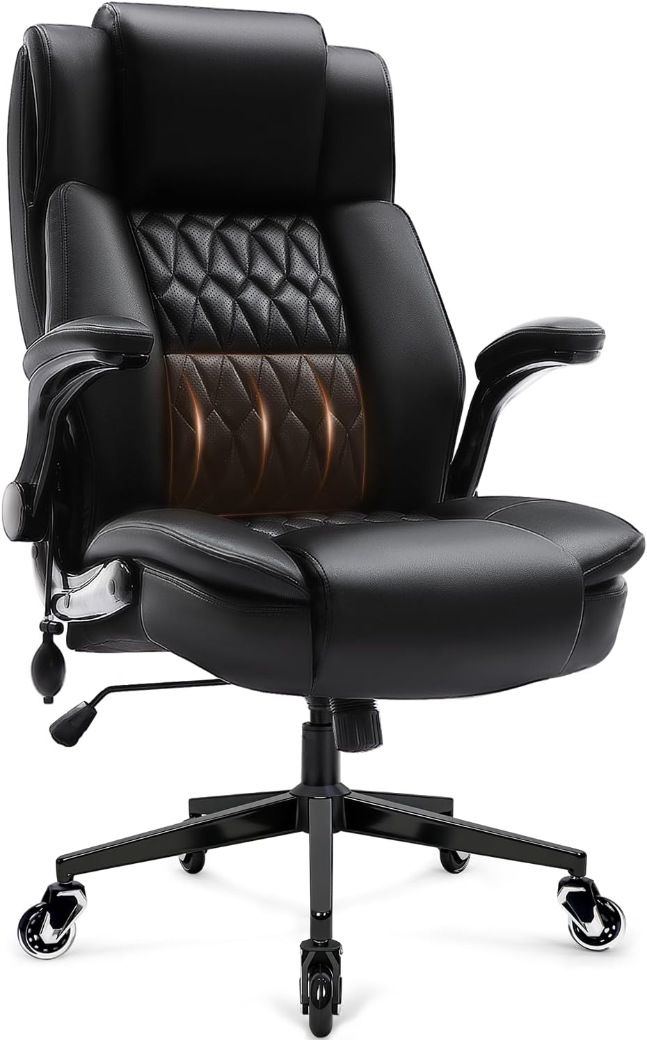 Large High Back Office Chair - Adjustable Lumbar Support, Flip Up Arms, Heavy Duty Metal Base, Breathable Bonded Leather, 2 Storage Bags, Black