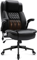 Large High Back Office Chair - Adjustable Lumbar Support, Flip Up Arms, Heavy Duty Metal Base, Breathable Bonded Leather, 2 Storage Bags, Black