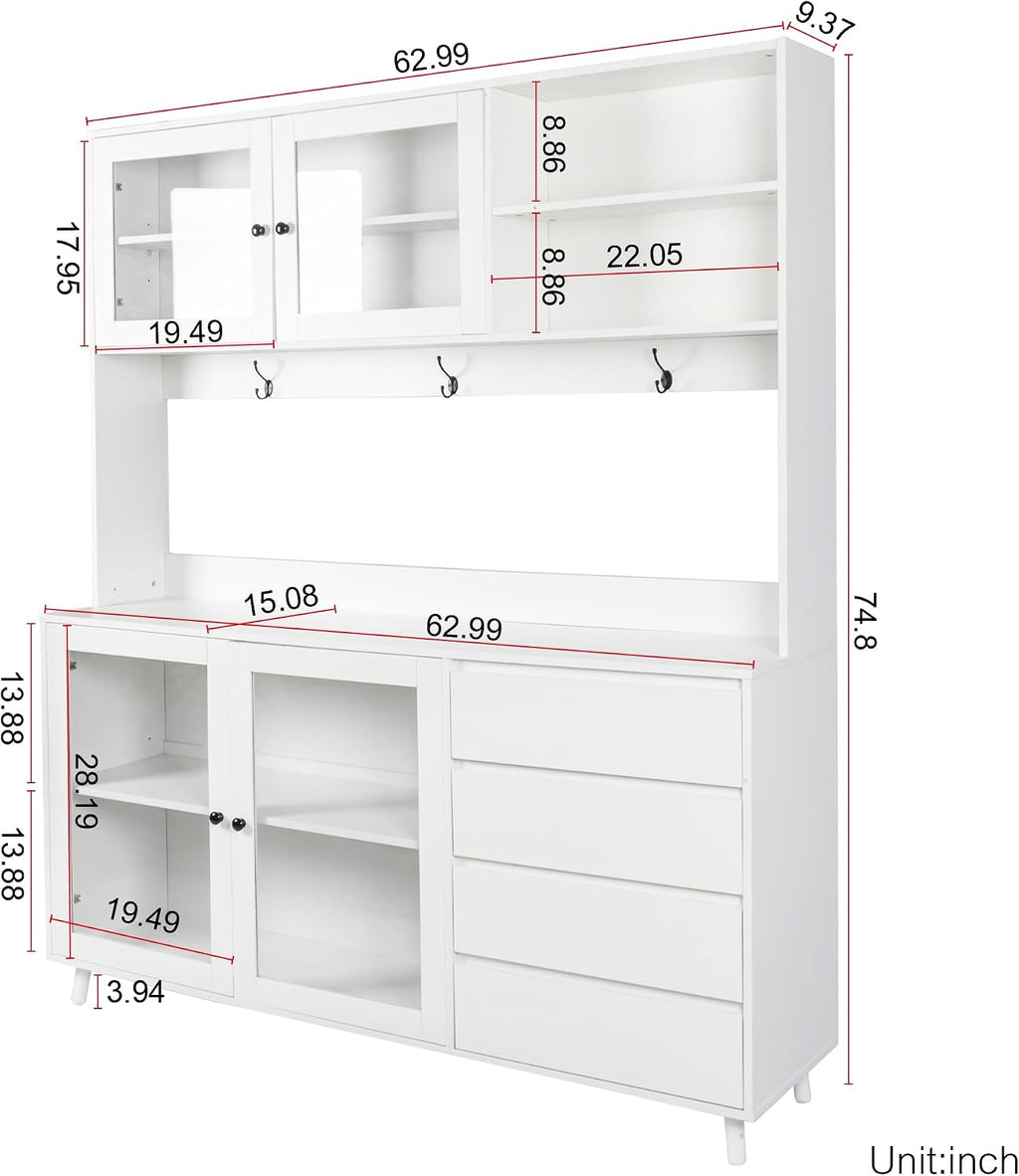 Large Freestanding Hutch Cabinet, Tall Pantry Storage with 4 Doors, 4 Drawers and Microwave Shelf, White Standing Kitchen Cupboard for Dining Room and Kitchen Organization (White)