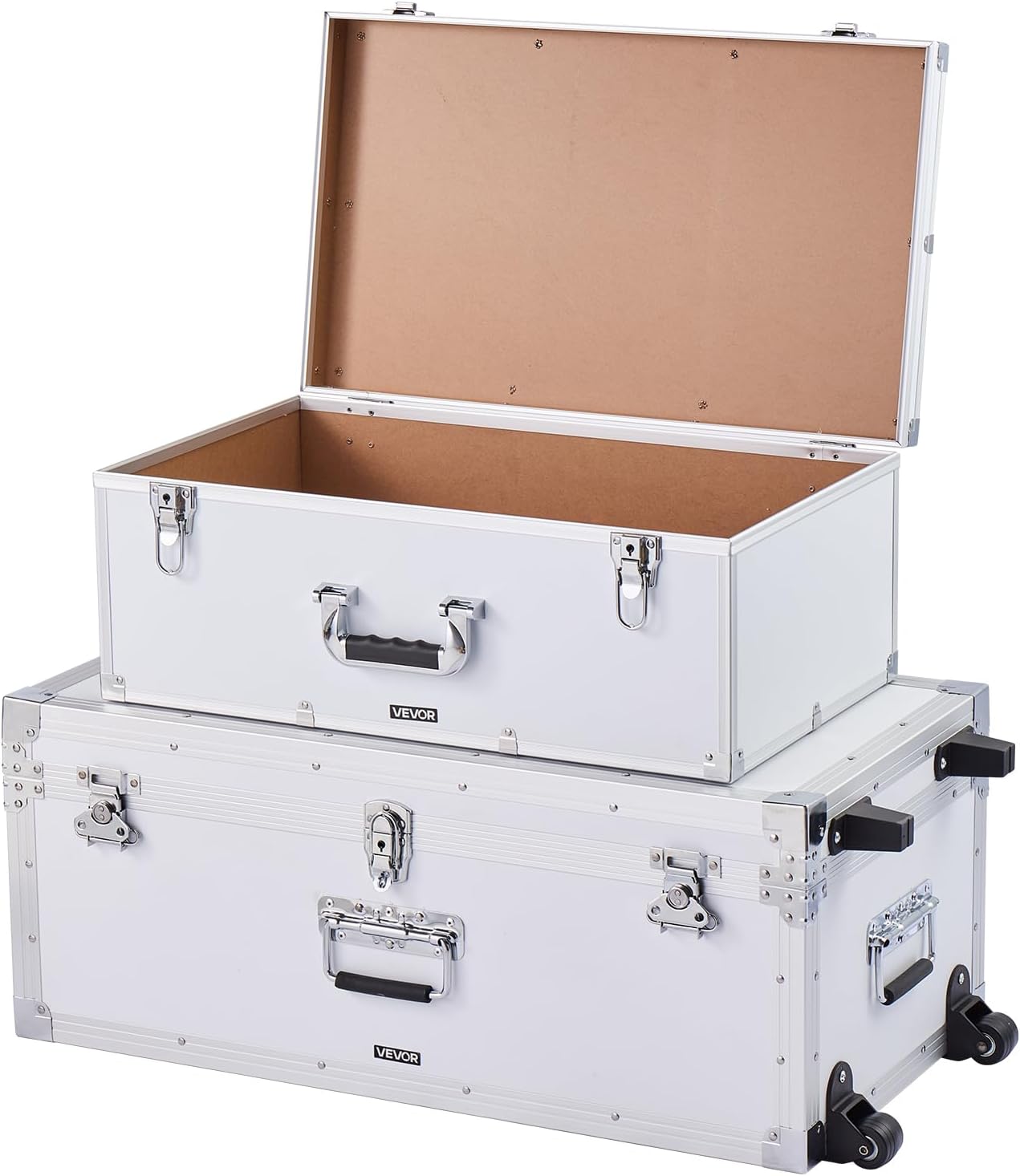 VEVOR Storage Trunk, Set of 2, Wooden Suitcase Storage Boxes with Padlocks, Large Trunk Includes Casters and 3 Metal Handles, Decorative Store Chest with Lids for Travel, Apartment, Dorm, White