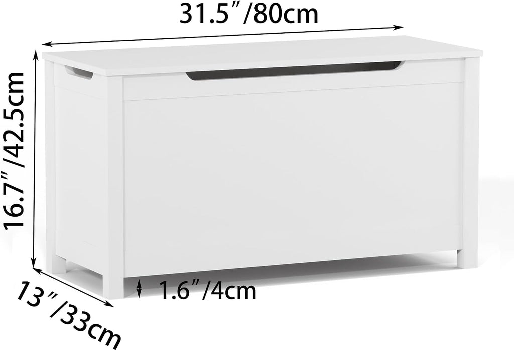 Kids Wooden Toy Chest with Safety Hinged Lid, 2.7 Cubic Feet Large Toy Box Storage Bench, Sturdy Toy Box for Living Room Bedroom, Suitable for Ages 3+ (White, MDF)