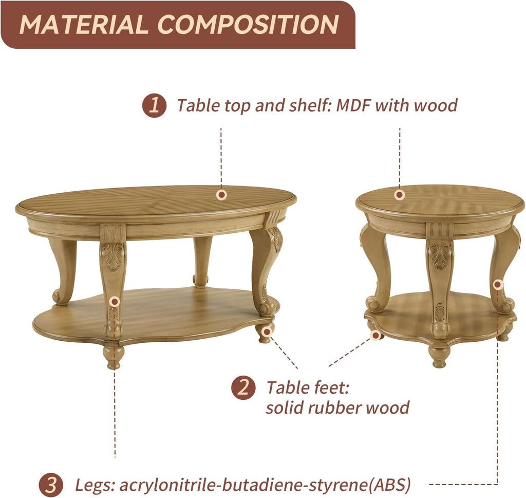 LKTART Round End Tables for Living Room, Vintage Side Table for Small Spaces, Victorian Wooden End Table with Carved Wood Legs, Antique Natural