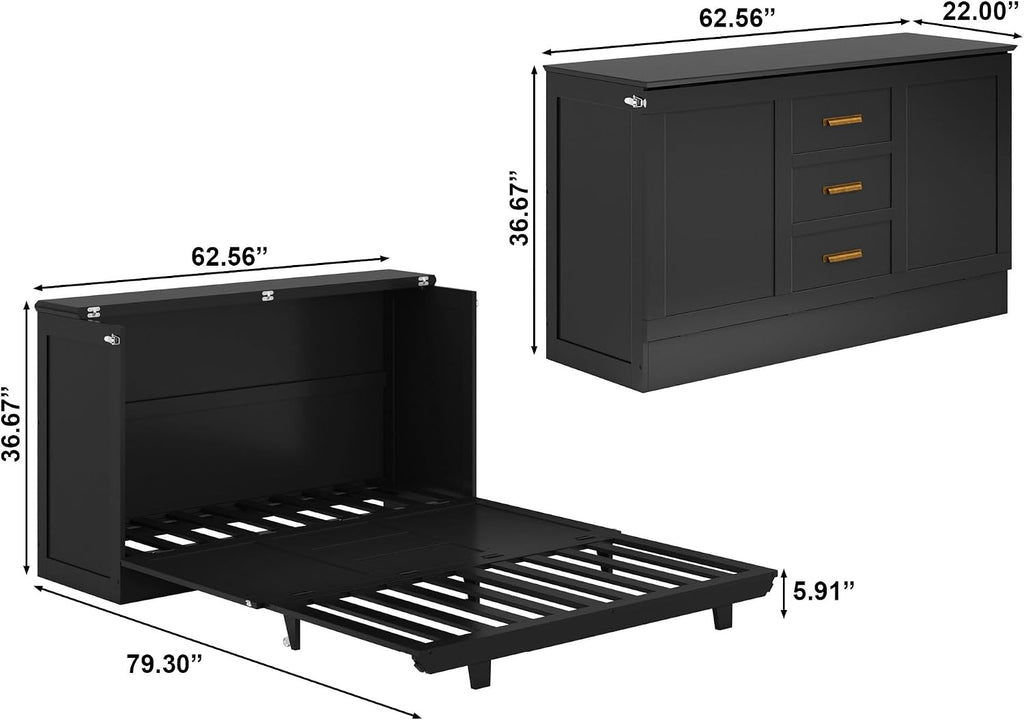 AFI, Charleston Queen Wood Murphy Bed Chest with 6" Mattress, Black