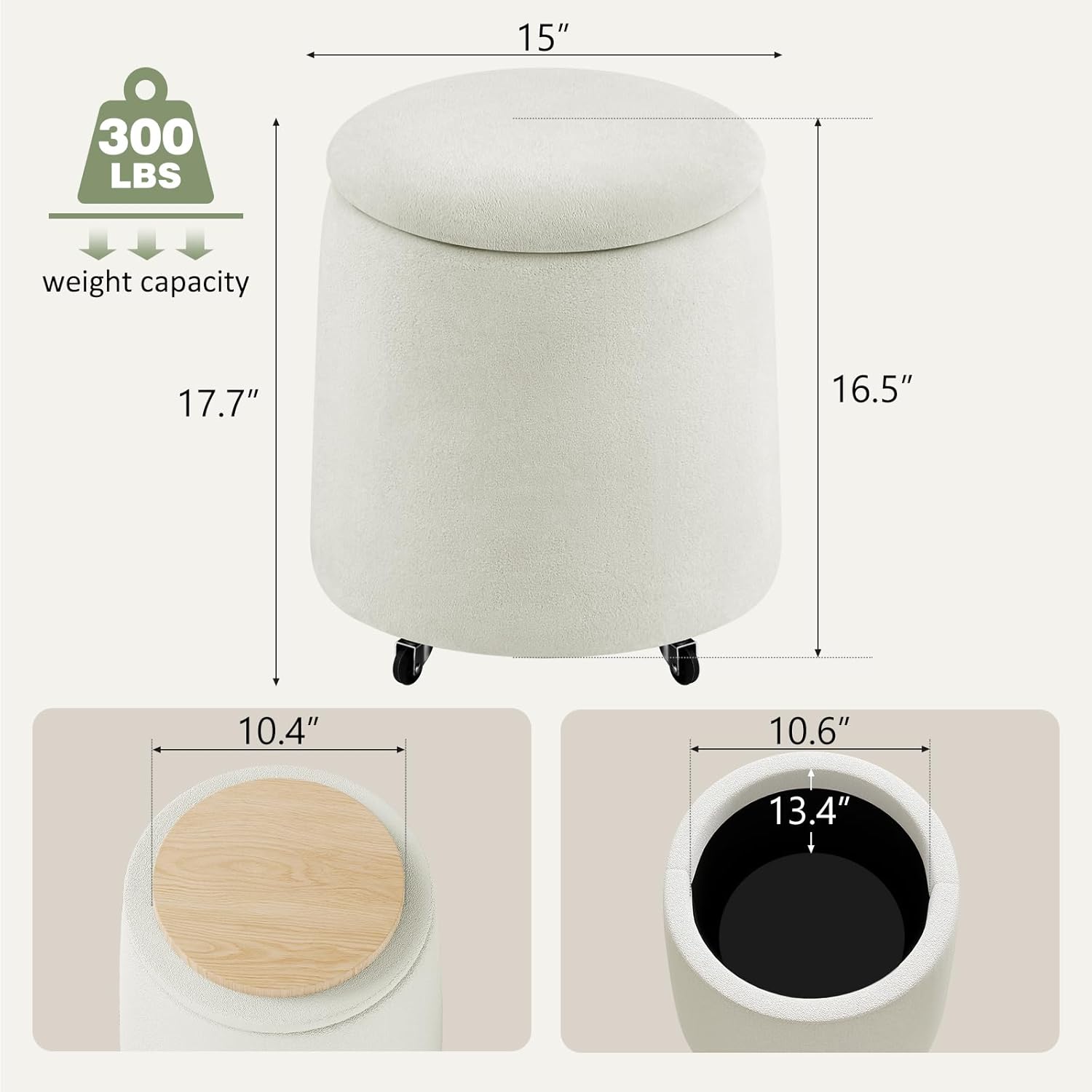Storage Ottoman with Wheels, 15“W Swivel Rolling Foot Stool Boucle Terry Fabric Coffee Table Ottoman with Hidden Storage, Round Vanity Stools for Makeup Room Living Room Bedroom Entryway Dorm, Beige