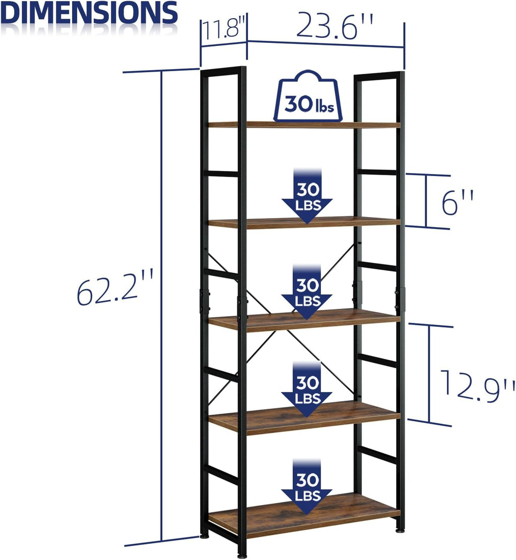 NUMENN 5 Tier Bookshelf, Tall Bookcase Shelf Storage Organizer, Modern Book Shelf for Bedroom, Living Room and Home Office, Vintage