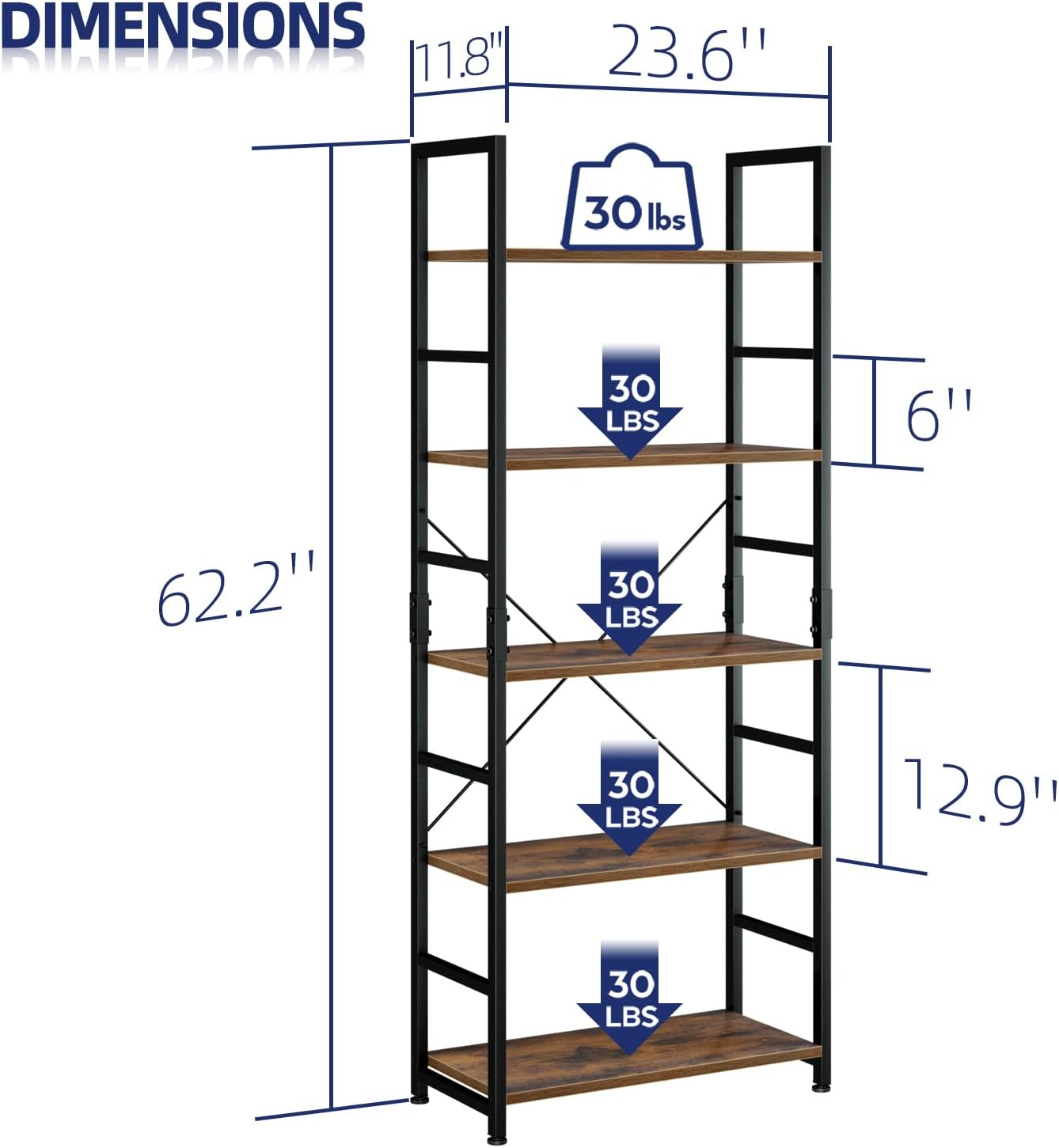 NUMENN 5 Tier Bookshelf, Tall Bookcase Shelf Storage Organizer, Modern Book Shelf for Bedroom, Living Room and Home Office, Vintage