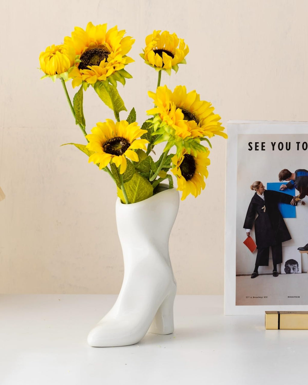 7.9" Ceramic High Heel Boot Vase for Modern Home Decor-White | CERAMIC BOOT VASE: High heel design in white,Trendy accent for coffee tables centerpiece; quirky gift for women.