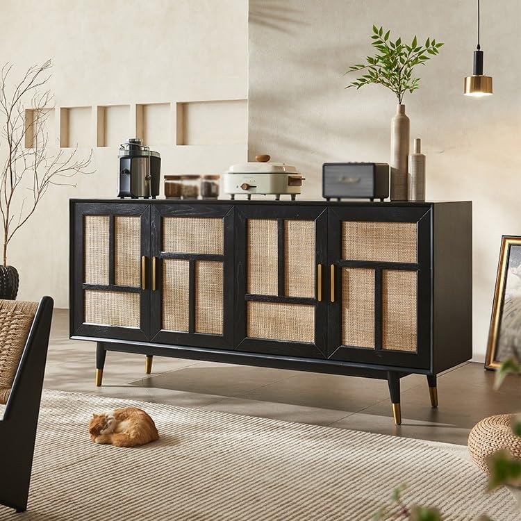 Entryway Cabinet Wooden Rattan Dining Sideboard Retro Home Wall Porch Cabinet Living Room Storage Cabinet Sideboard Storage Cabinet
