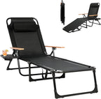 Foldable Lounge Chair, 4-Position Adjustable Outdoor Folding Lounge Chair with Cup Holders and Trays, Sunbathing Chair Portable with Removable Pillow, for Garden, Beach, Patio, Pool (Black)