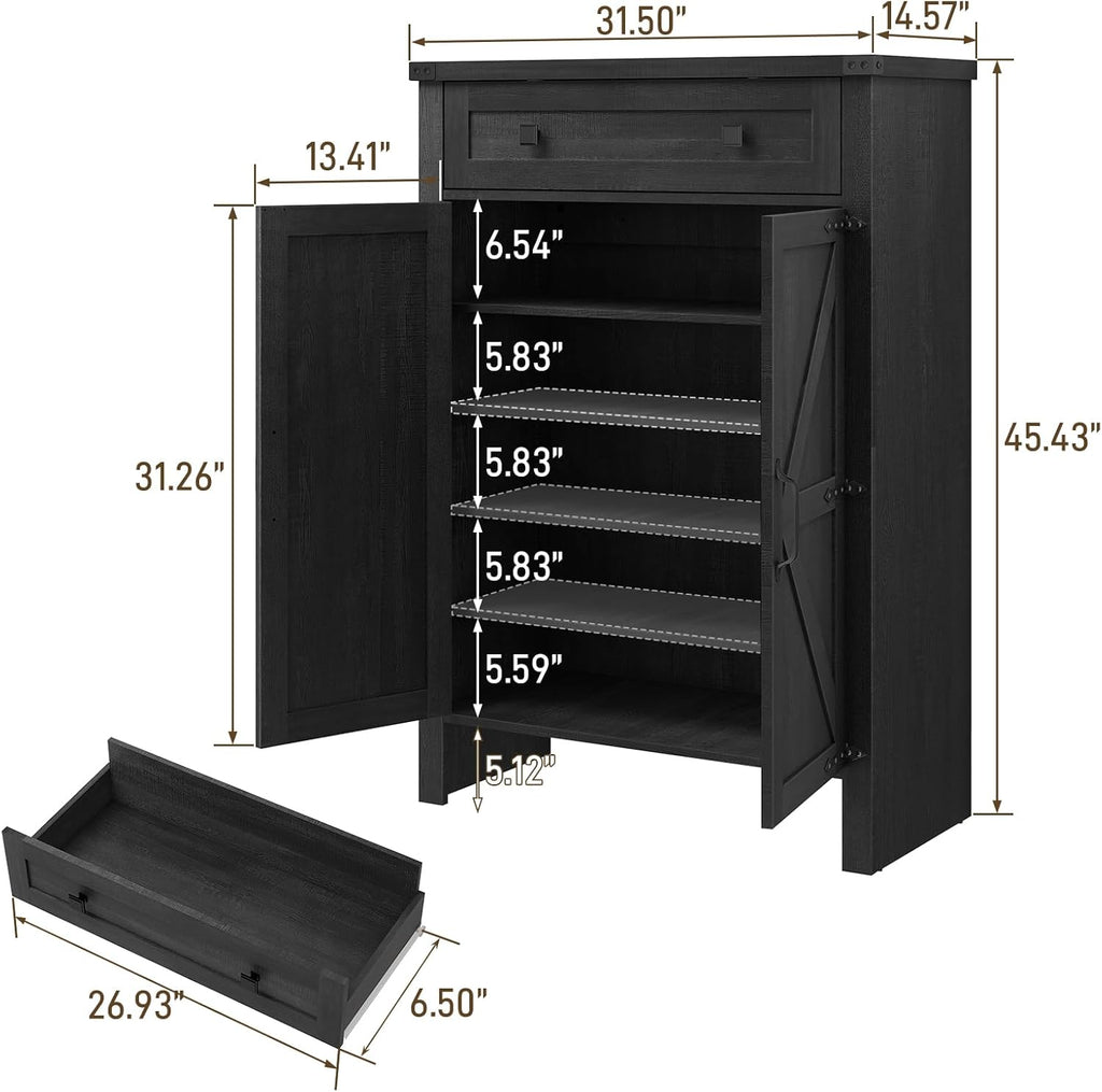 Halitaa Shoe Cabinet, Farmhouse Shoe Storage Organizer, Shoe Storage Cabinet with Doors & Drawer, Boots High-Shoe Cabinet Organizer for Entryway Living Room Hallway, Black
