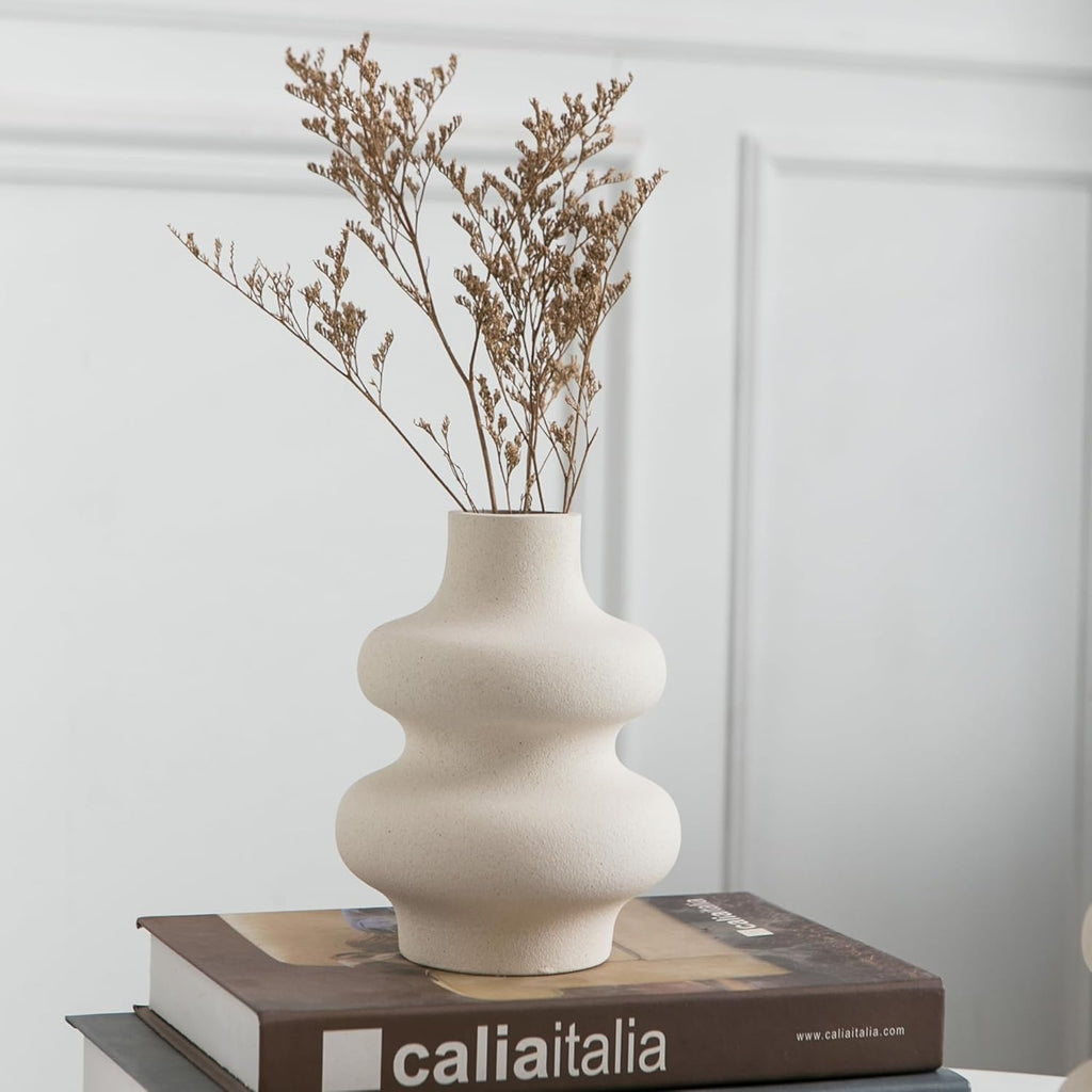 Ceramic Vase Set of 2 - Off White Boho Round Vases, Modern Pampas Vases, Dried Flower Vase Home Decor for Centerpieces Wedding Dinner Table Party Living Room Office Bedroom