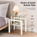 Meihua Tempered Glass End Table, White Modern Square Side Table with Metal Frame, 2-Tier Glass Accent Table for Living Room, Bedroom, Apartment & Small Spaces
