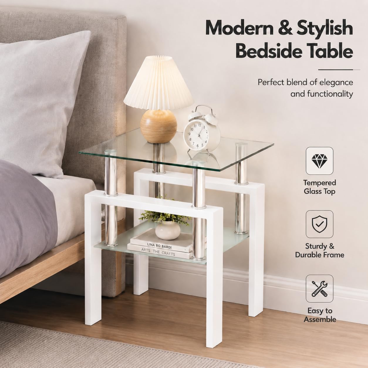 Meihua Tempered Glass End Table, White Modern Square Side Table with Metal Frame, 2-Tier Glass Accent Table for Living Room, Bedroom, Apartment & Small Spaces