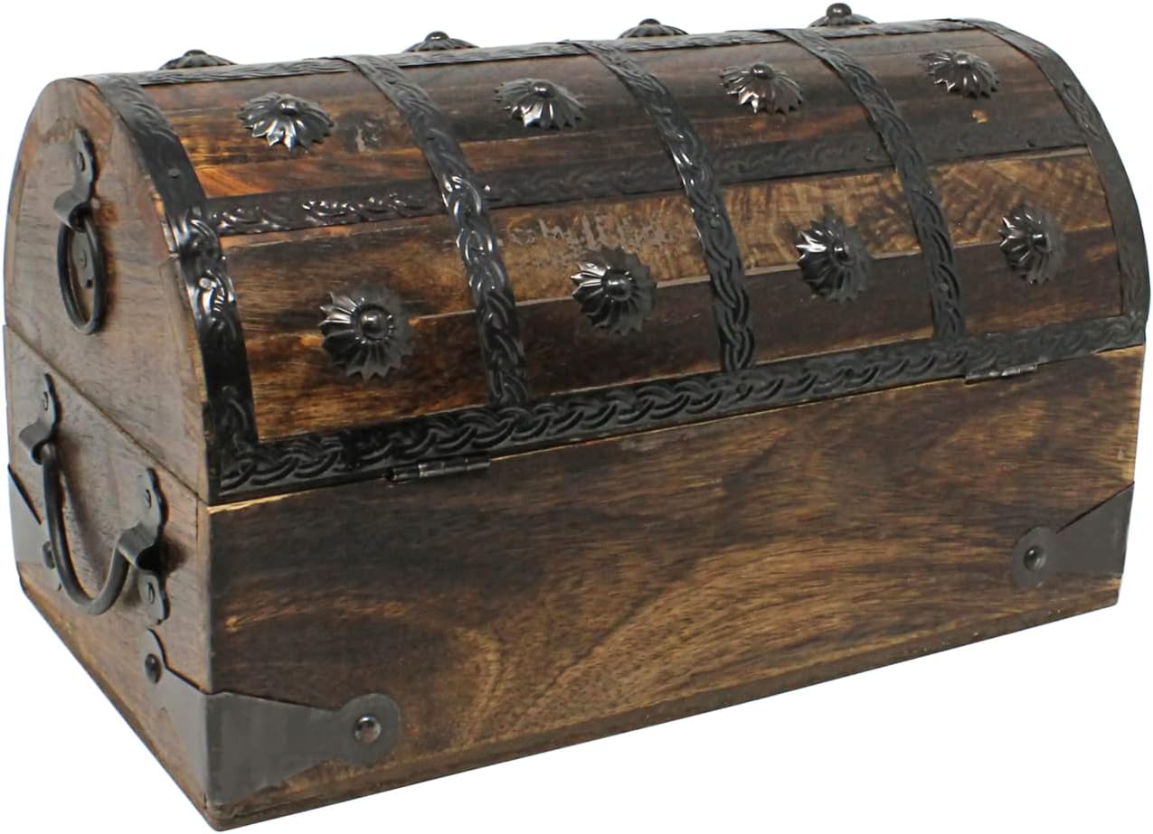 Nautical Cove Wooden Treasure Chest with Padded Velvet Lining and Antique Lock with Skeleton Keys (Medium 11x6x6.5) – Luxury Wood Pirate Chest, Decorative Wooden Keepsake Box