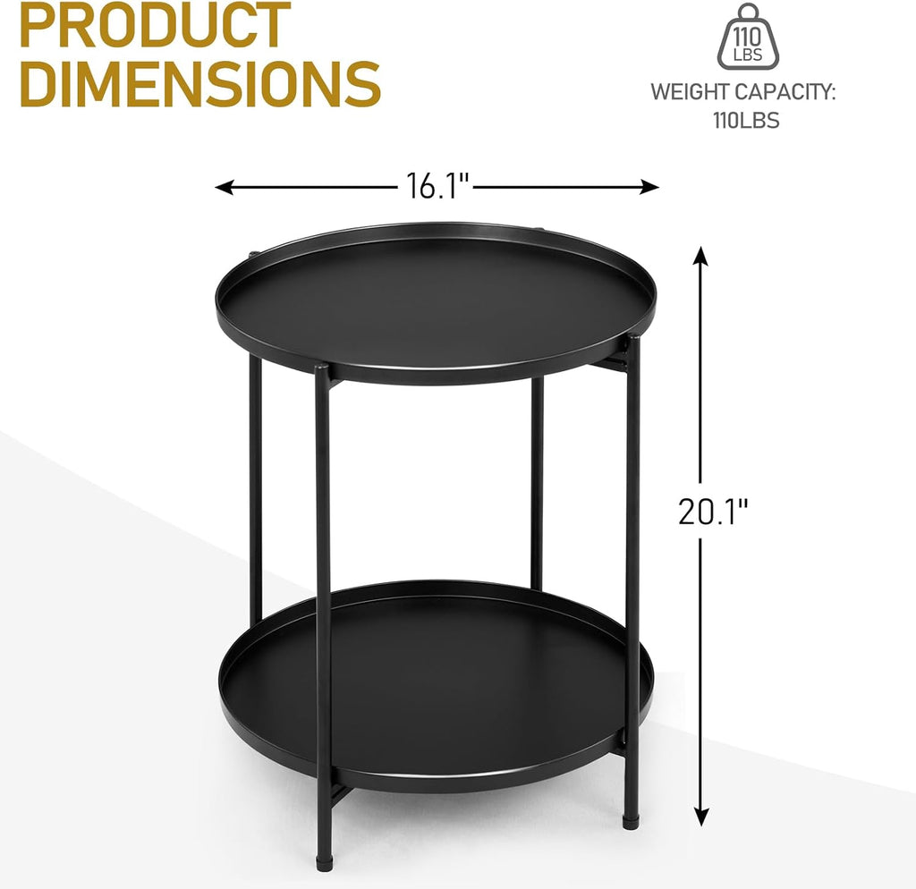 2 Tier End Table Metal Side Table Waterproof Small Sofa Coffee Side Tables Bedroom Indoor Outdoor for Living Room Bedroom Balcony and Office