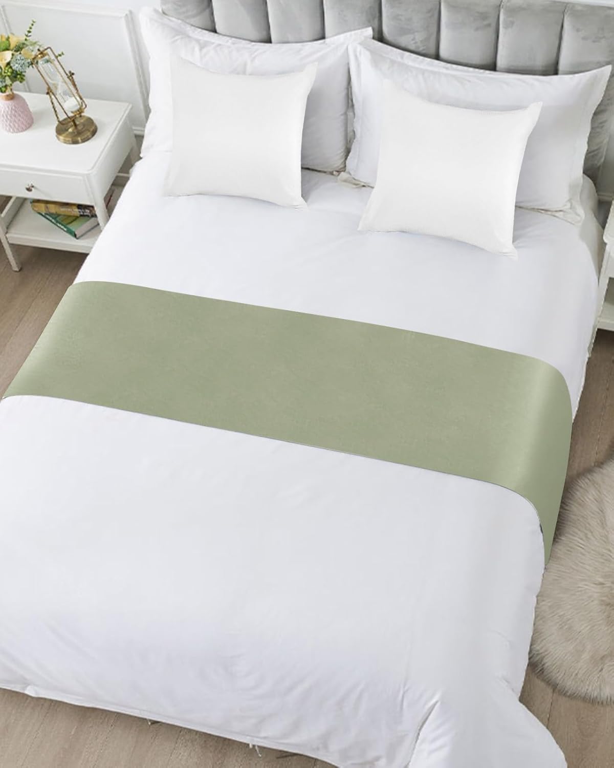 Sage Green Bed Runner for Queen Size Bed, Farmhouse Decorative Bed Scarf Throws for Foot of Bed, Sage Green Color Luxury Bedding Protector Slipcover Bed Runners for Hotel/Home, 83 x 20 Inch