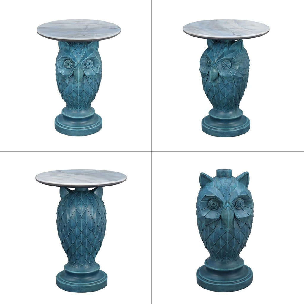 Luxury Owl Side Table, Blue Faux Marble Top Accent End Table, Decorative Animal Sculpture Furniture for Living Room, Bedroom, Entryway Home Decor