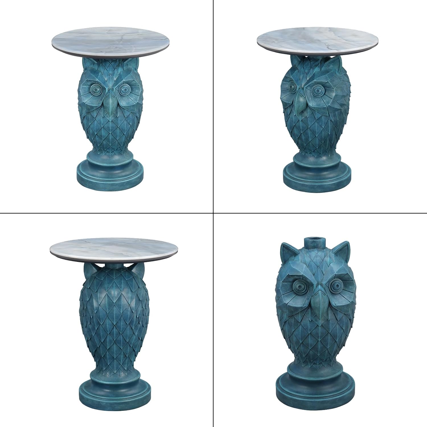 Luxury Owl Side Table, Blue Faux Marble Top Accent End Table, Decorative Animal Sculpture Furniture for Living Room, Bedroom, Entryway Home Decor