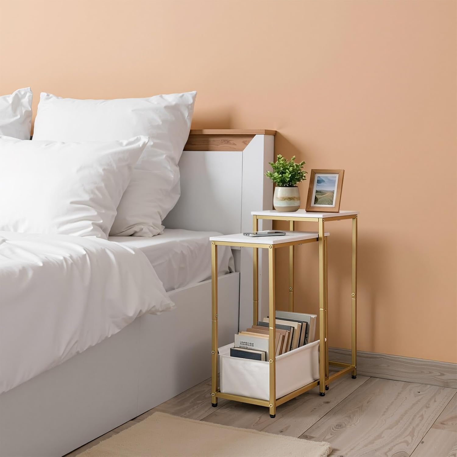 Nesting End Tables Set of 2, Stacking Side Table with Fabric Storage Basket, Small Nightstand for Small Space, Living Room, Bedroom, White Marble & Gold