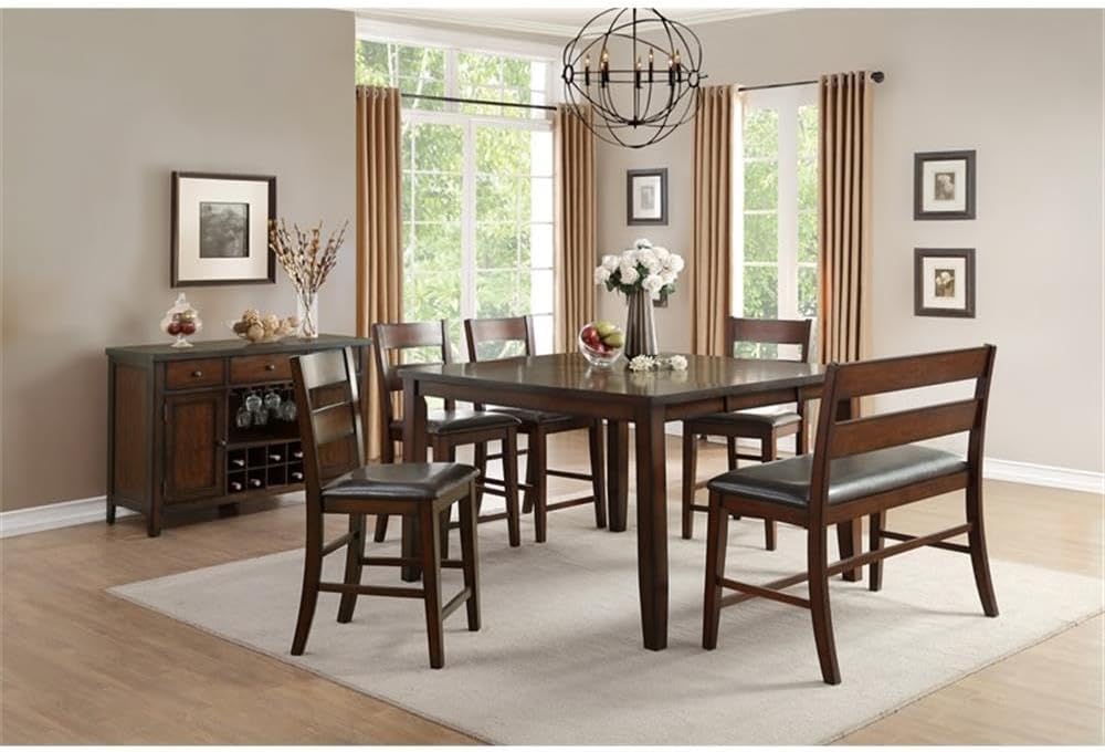 Lexicon Mantello 25.5" Seat Height Contemporary Classic Wood Frame & Faux Leather Upholstered Dining Bench in Cherry/Dark Brown Finish