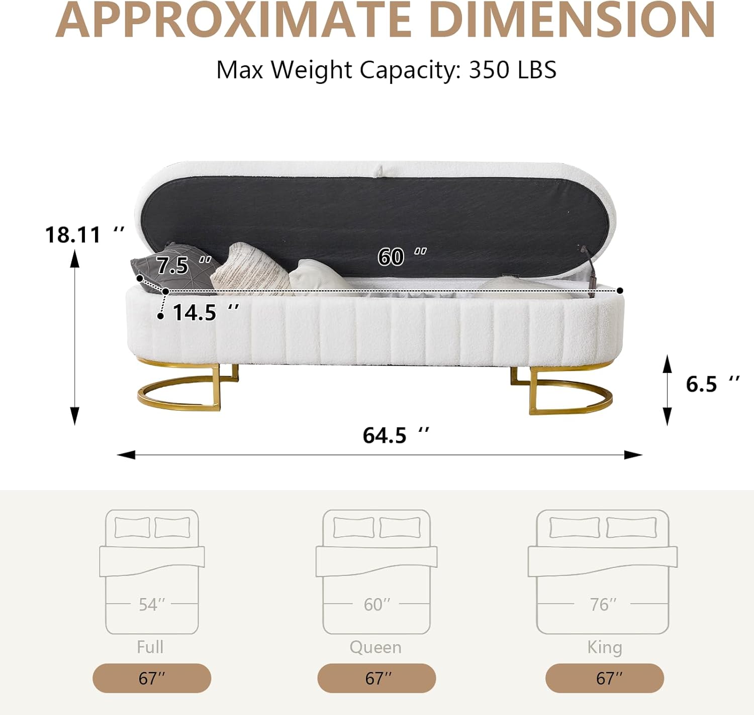 65" Curved Storage Ottoman Bench for Bedroom, Upholstered End of Bed Bench for King Size Bed, Oval Storage Bench with Gold Metal Legs, Bedroom Bench for Living Room Entryway, Beige Boucle