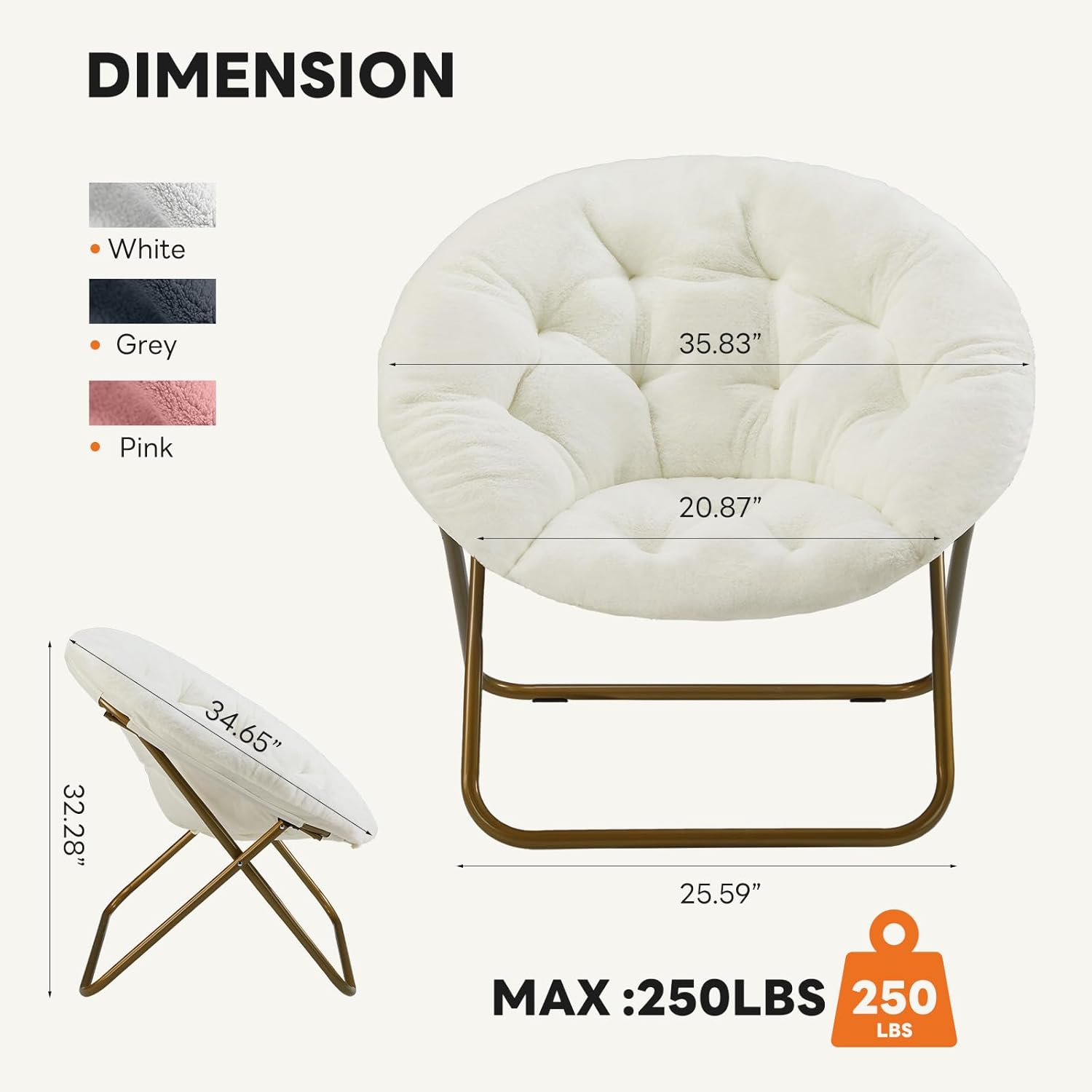 DUMOS Saucer Chair, Cozy Faux Fur Folding Chair with Sturdy Metal Frame, Oversized Soft Plush Round Lounge for Bedroom Living Room Dorm, Anti-Slip Portable Moon Seat, White