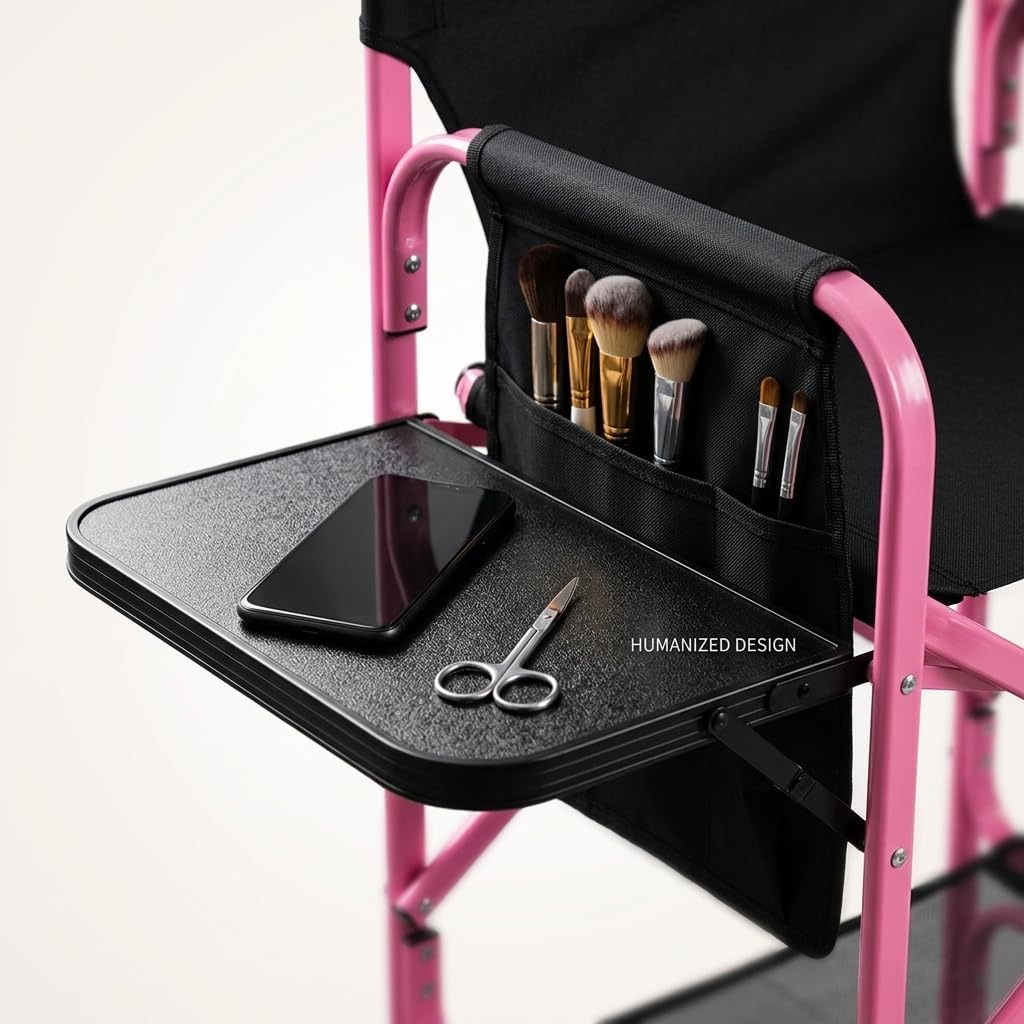 VINGLI 31" Tall Director's Chair for Makeup Artist, Aluminum Portable Makeup Chair with Retractable Side Table & Footrest,Supports 300 lbs, Foldable Makeup Chair for Studio, Pink & Black