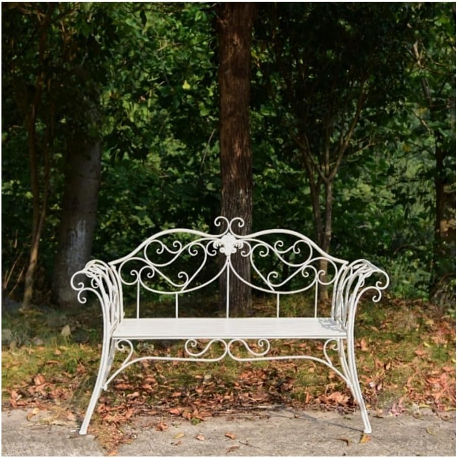 Patio Benches Iron Garden Lounge Chair with Double Backrest, Outdoor Patio Furniture for Courtyard(White)