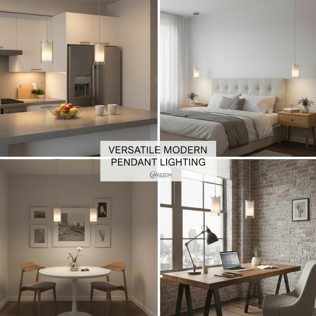 AKEZON Modern Glass Pendant Light 2 Pack, Adjustable Hanging Kitchen Island Lights Pendant Lighting Fixture Dining Room Bathroom Hallway Bar, Brushed Nickel Finish