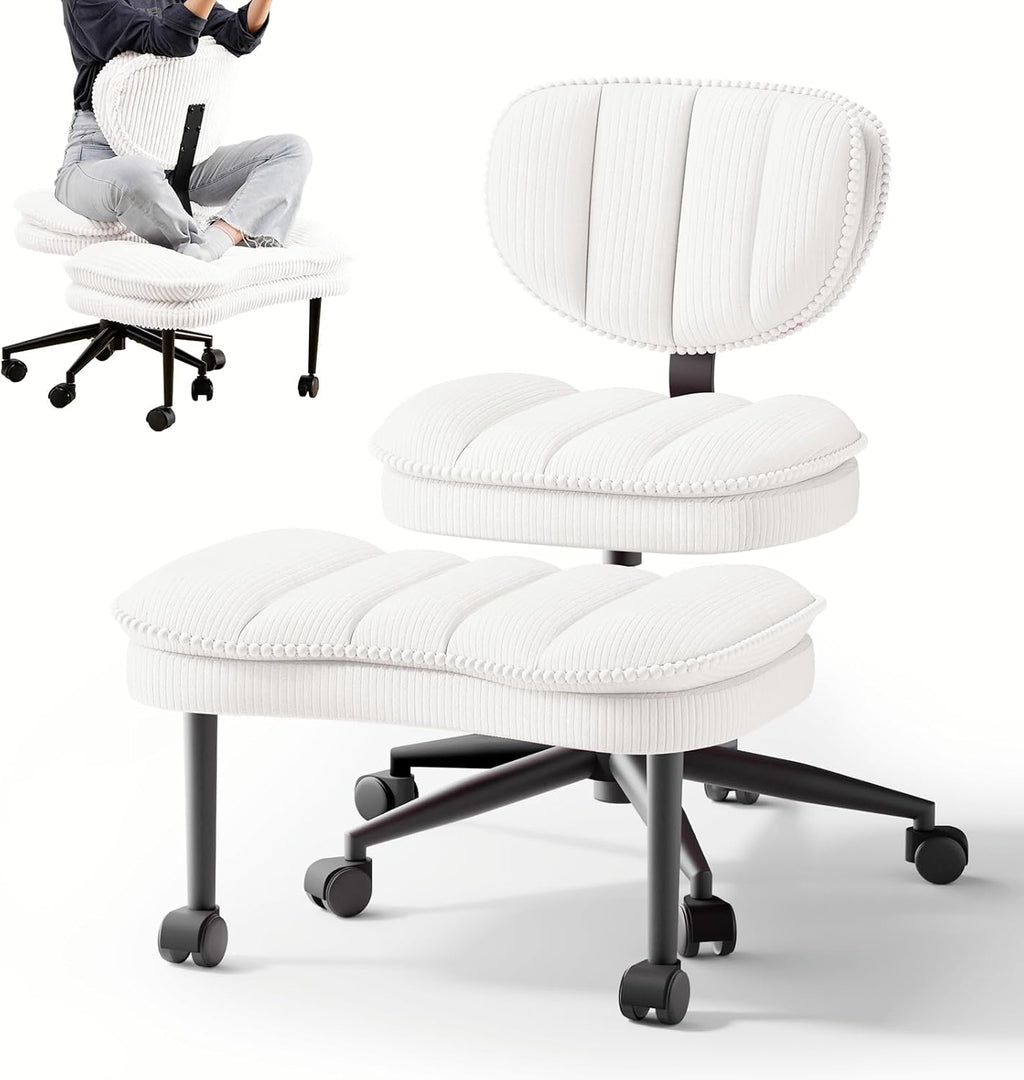 HOMRELEXA Cross Legged Office Chair, Ergonomic Cloud Criss Cross Desk Chair, Meditation Chair with Wheels, Height Adjustable Seat for ADHD, Wide Kneeling Chair with Back Support, Corduroy Fabric,White