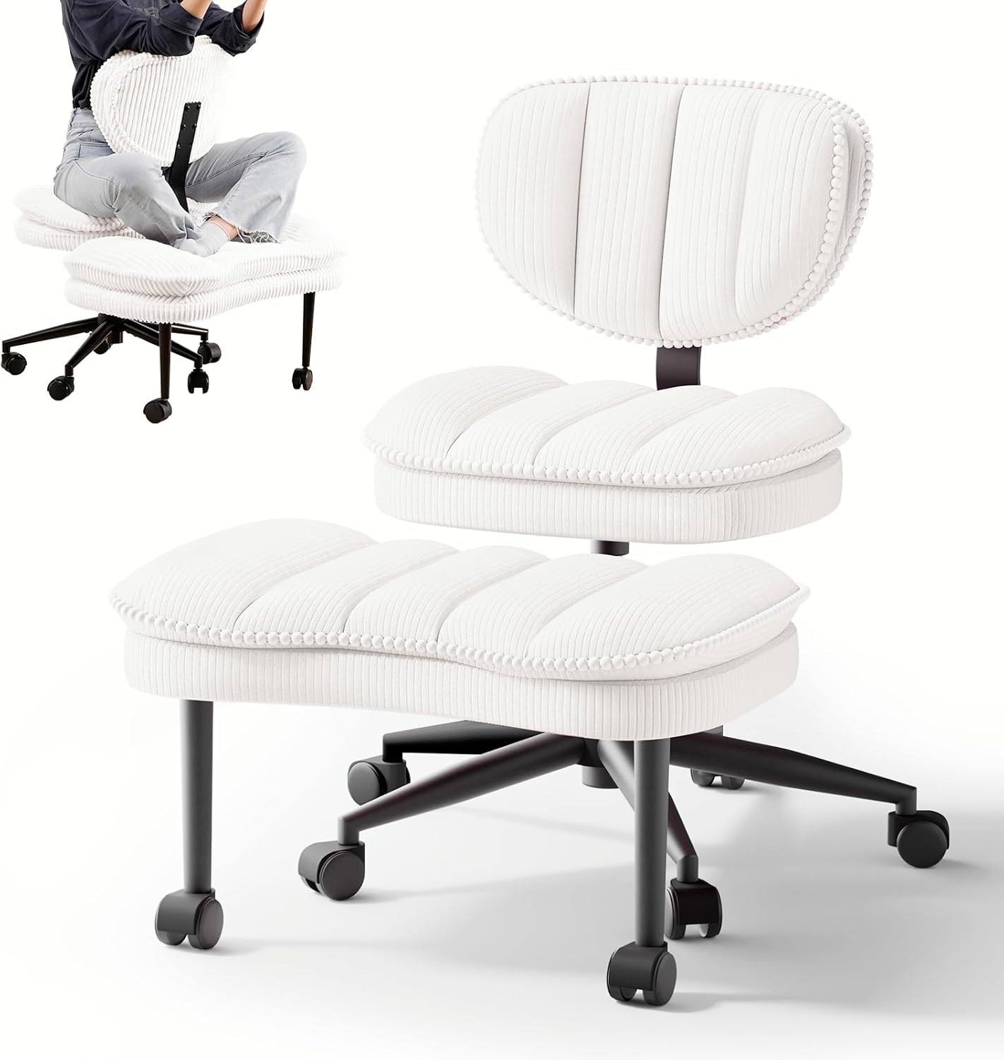 HOMRELEXA Cross Legged Office Chair, Ergonomic Cloud Criss Cross Desk Chair, Meditation Chair with Wheels, Height Adjustable Seat for ADHD, Wide Kneeling Chair with Back Support, Corduroy Fabric,White