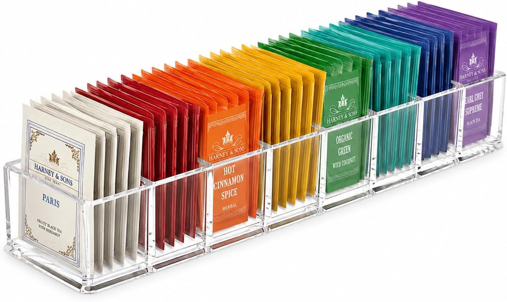 Tea Bag Organizer, Clear Pantry Storage Box with 8 Compartments, Matcha Station, Storage Bins for Drawers, Countertops, Fridge, Kitchen, Snack & Spice Organization