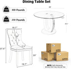 RGZ 5 PCS Luxury Clear Glass Round Dining Table Set, 39'' Modern Circle Glass Top Kitchen Table with Black Silver Legs & 4 Gray High-end Tufted Chairs for Apartment Home Dining(Silver Base)