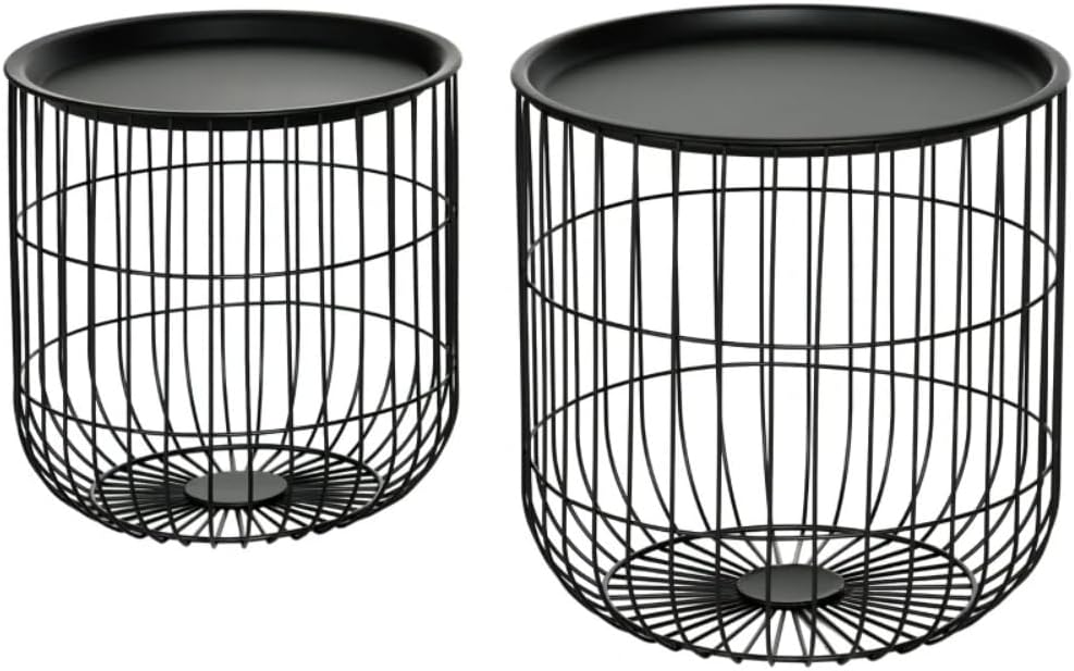 Metal Wire Basket Side Tables, Black, Set of 2, Nesting Design with Storage, Powder-Coated Steel, No Assembly Required