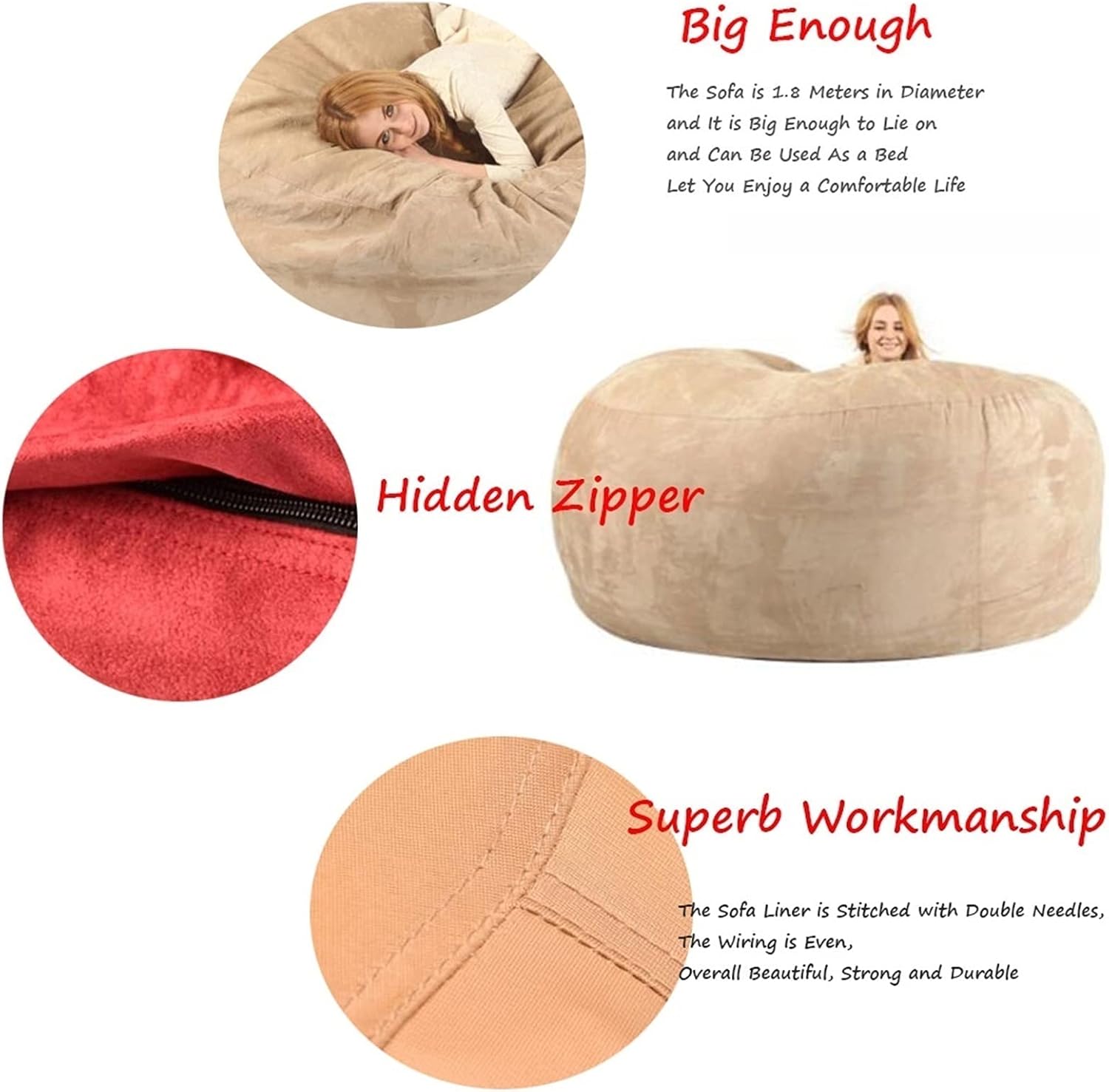 Bean Bag Chair Cover(no Filler),Adults Luxurious Giant 6/7/8ft Huge Bean Bag Chair for Organizing Children Plush Toys or Memory Foam (Color : Light Blue, Size : 8ft)